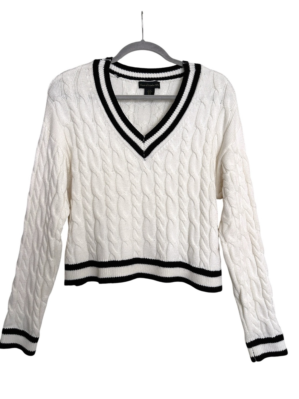HOUSE OF HARLOW 1960 White Cable Knit V-Neck Varsity Sweater Size M Preppy